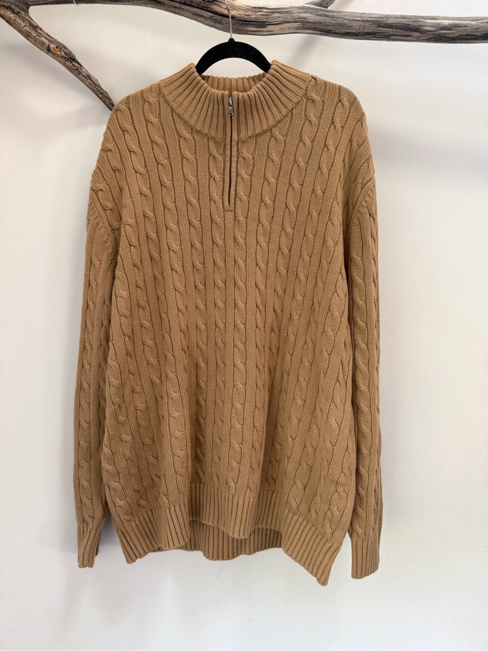 Lands’ End | Mens Cable Knit Quarter Zip Tan Brown Sweater Cotton Cashmere XXL